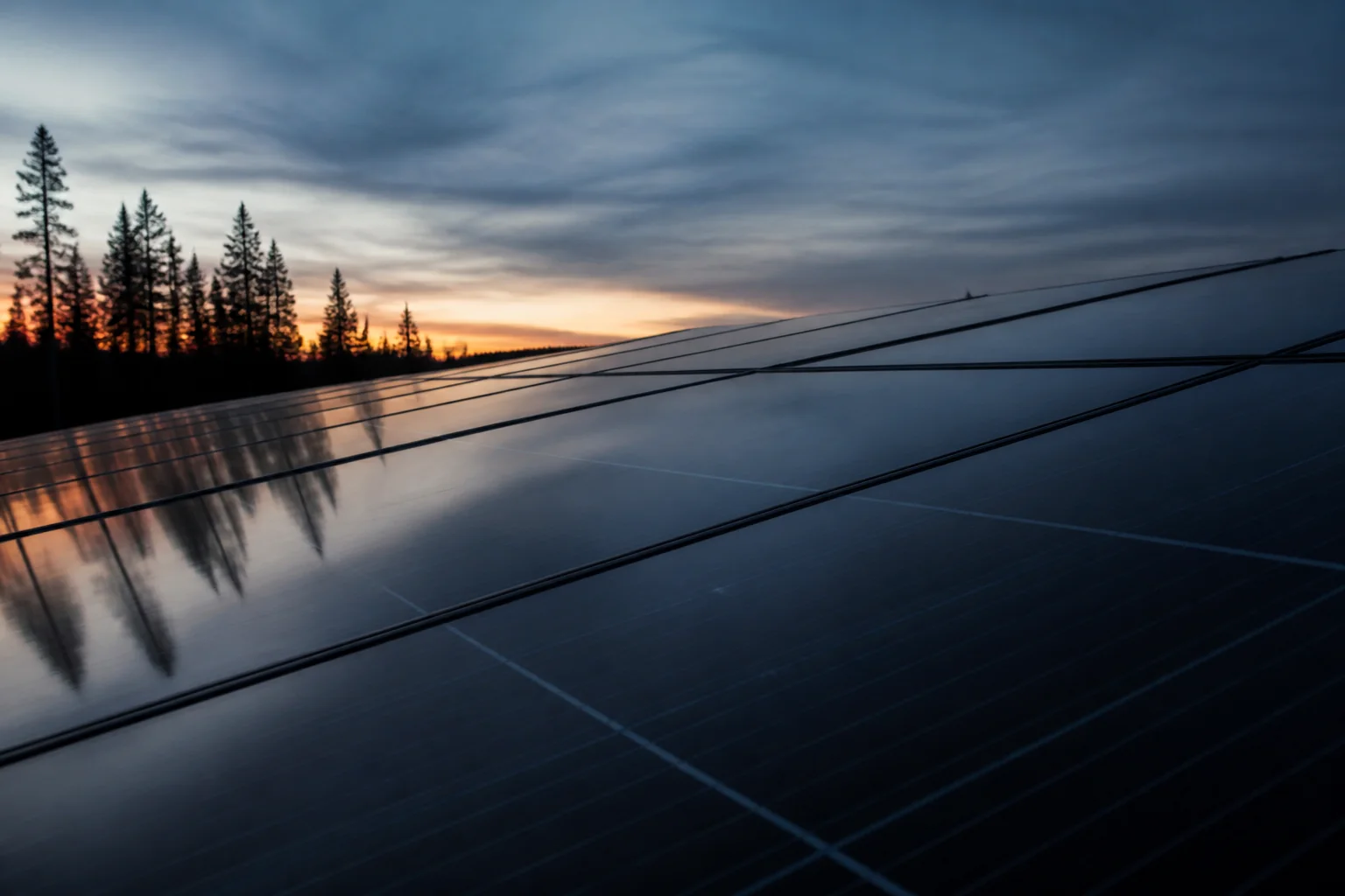 Panneaux photovoltaïques au crépuscule dans les Landes
