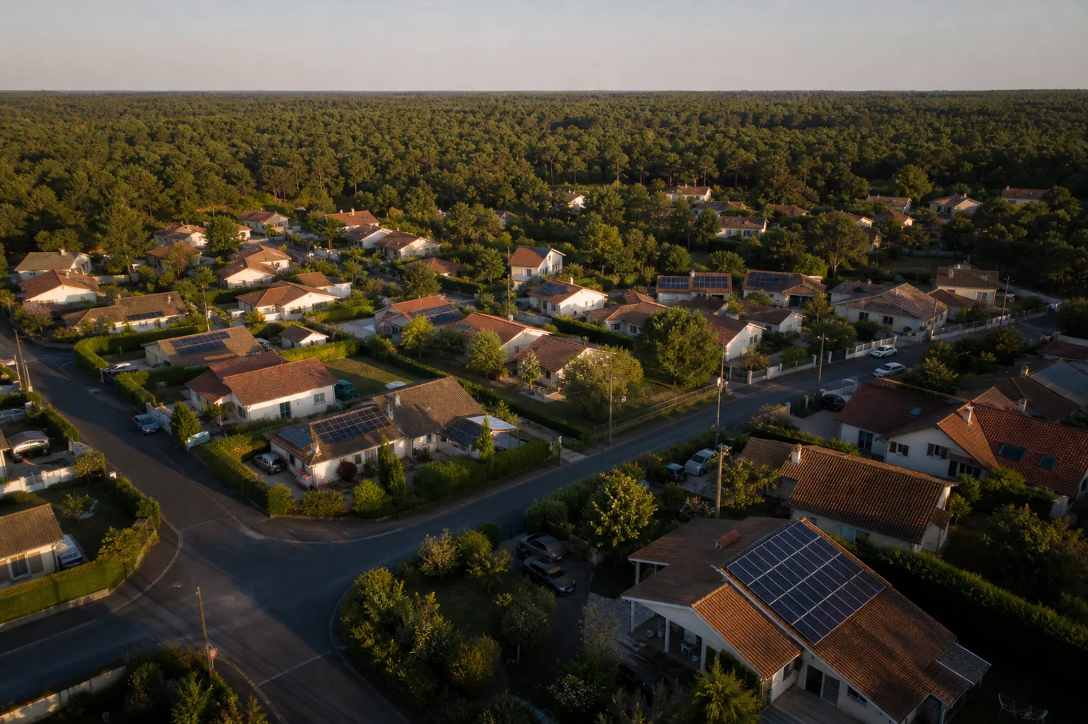Quartier résidentiel landais avec plusieurs toitures solaires
